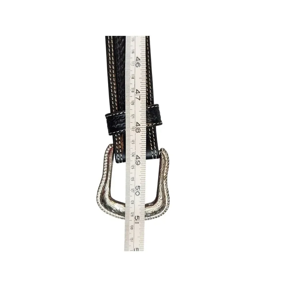 Cowboy chrome black leather western‎ belt 44 basket weave embossed white stitch